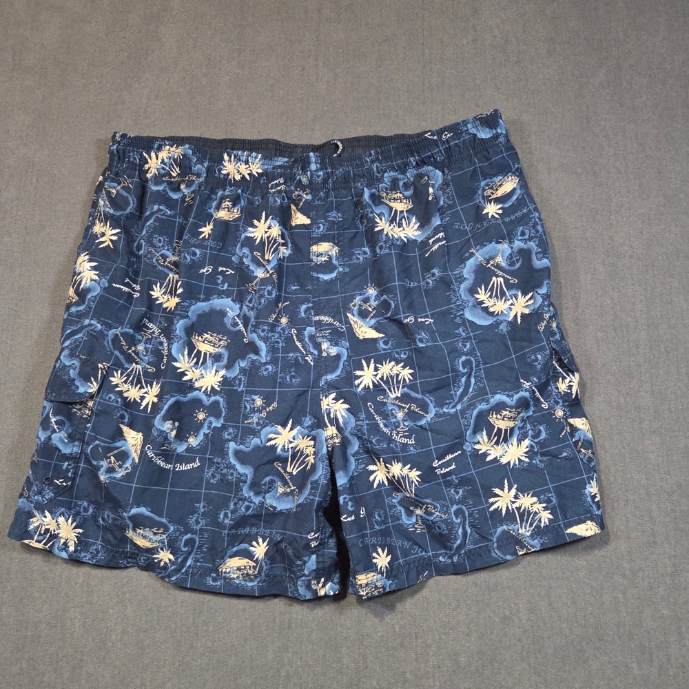 Caribbean Joe Swim Trunks Mens 2X Navy Blue Tropical Map Print Cargo Pocket 6in